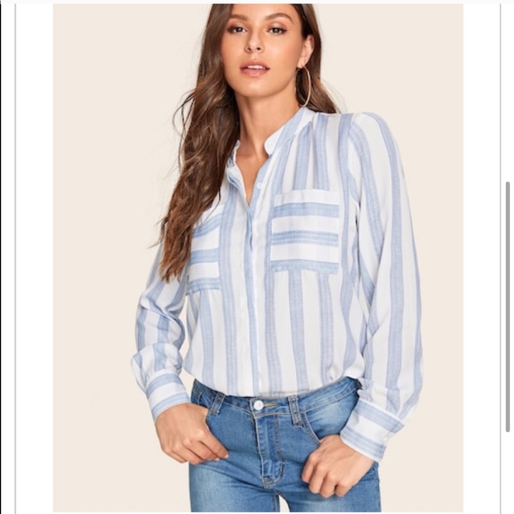 BLUE WHITE Notched Neck Stripe Blouse - Top - Picture 3 of 5